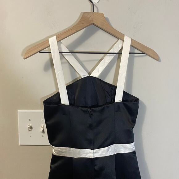 Jessica McClintock Gunne Sax VTG Formal Black Satin Dress White Bow & Straps 3/4 - Picture 9 of 16